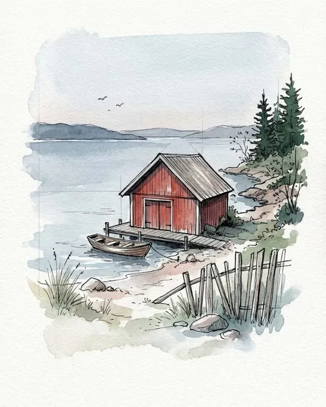 Watercolor Ink Beach House Sketches