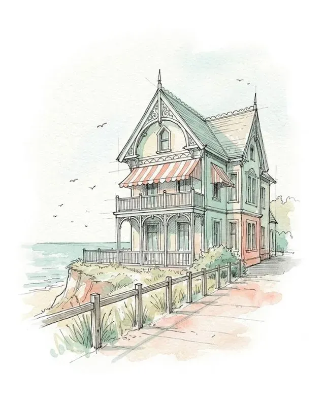 Watercolor Ink Beach House Sketches