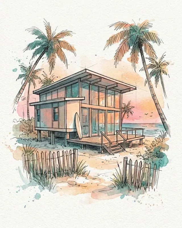 Watercolor Ink Beach House Sketches