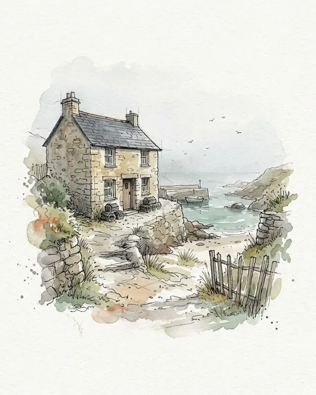 Watercolor Ink Beach House Sketches