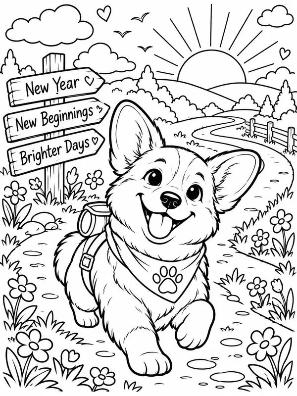 Cute Dog Breed New Year Coloring Pages