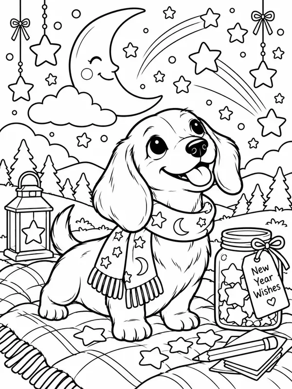 Cute Dog Breed New Year Coloring Pages