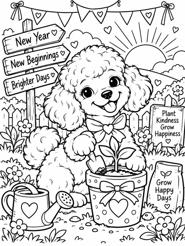 Cute Dog Breed New Year Coloring Pages