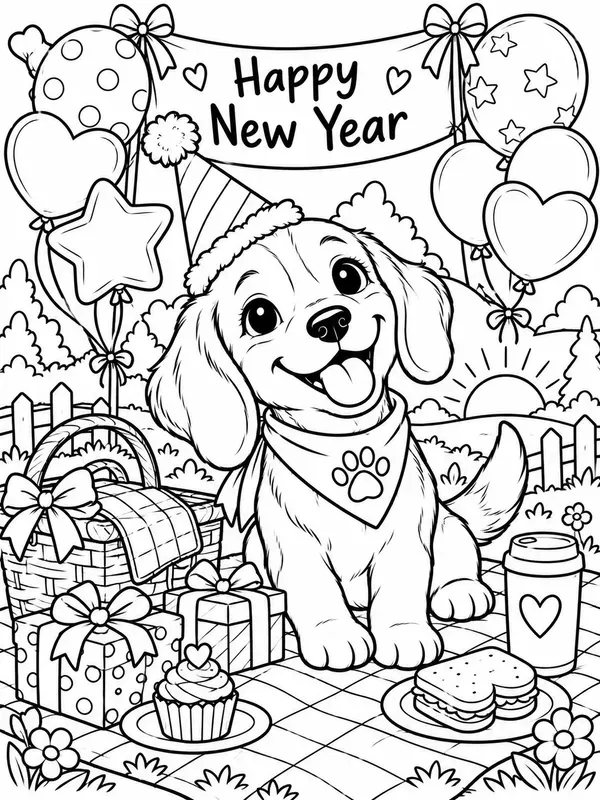 Cute Dog Breed New Year Coloring Pages