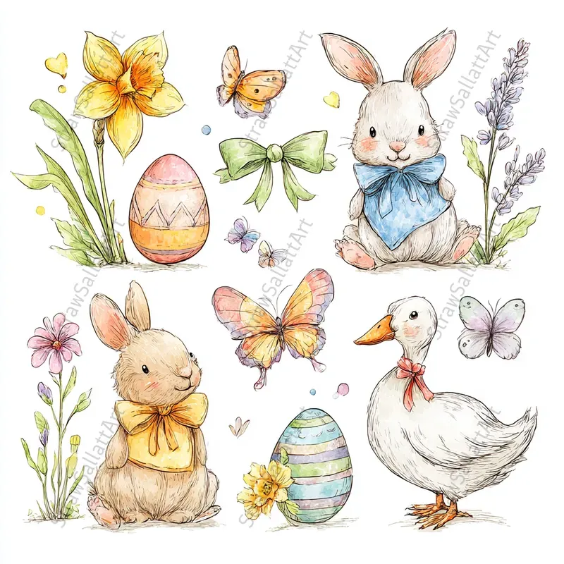 Hand Drawn Spring Easter Icons Clipart