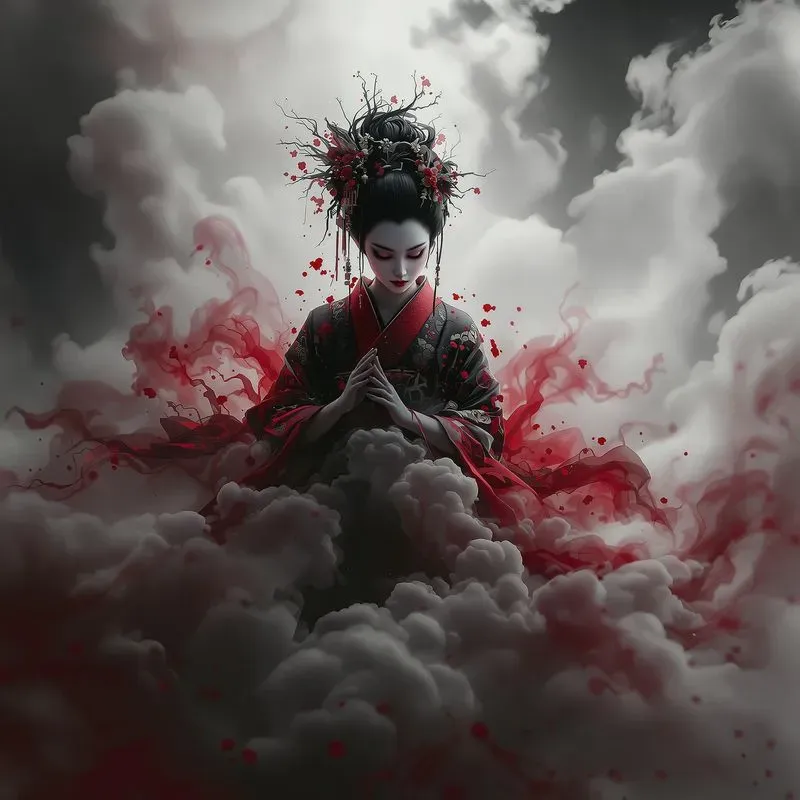 Japanese Surreal Ink Red Black Art