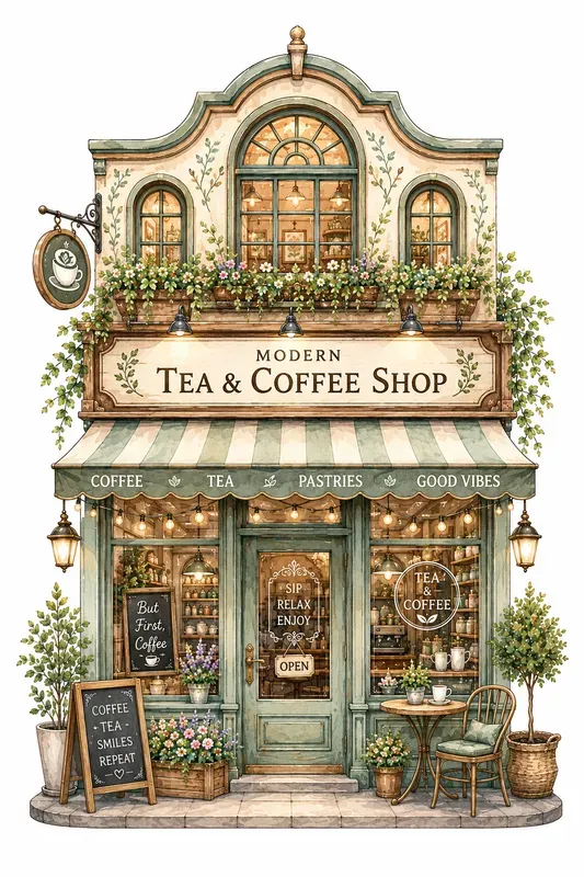 Cute Urban Shops Watercolor Clipart