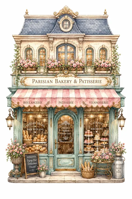 Cute Urban Shops Watercolor Clipart