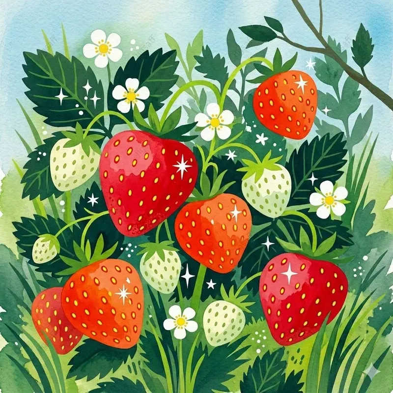 Dense Botanical Strawberry Gouaches