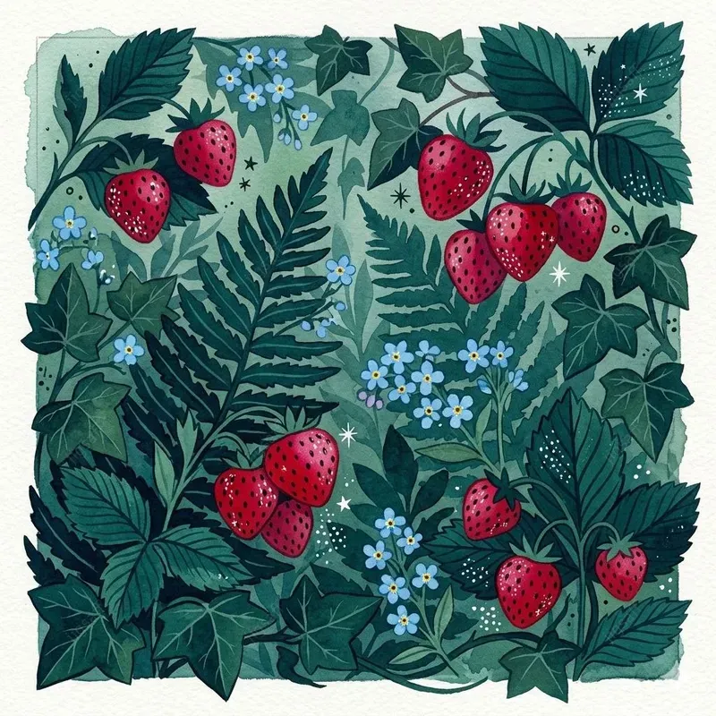 Dense Botanical Strawberry Gouaches