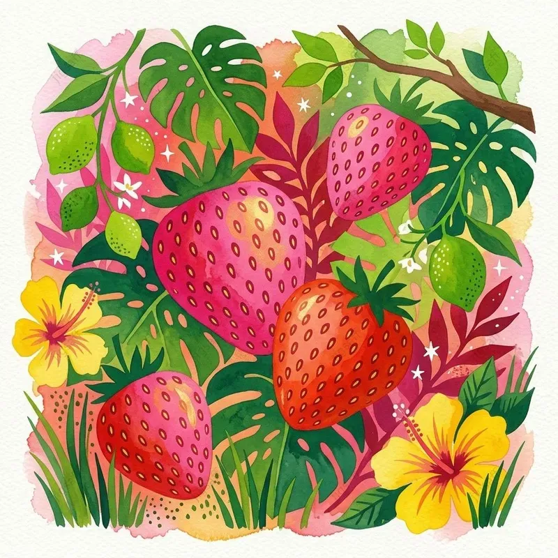 Dense Botanical Strawberry Gouaches