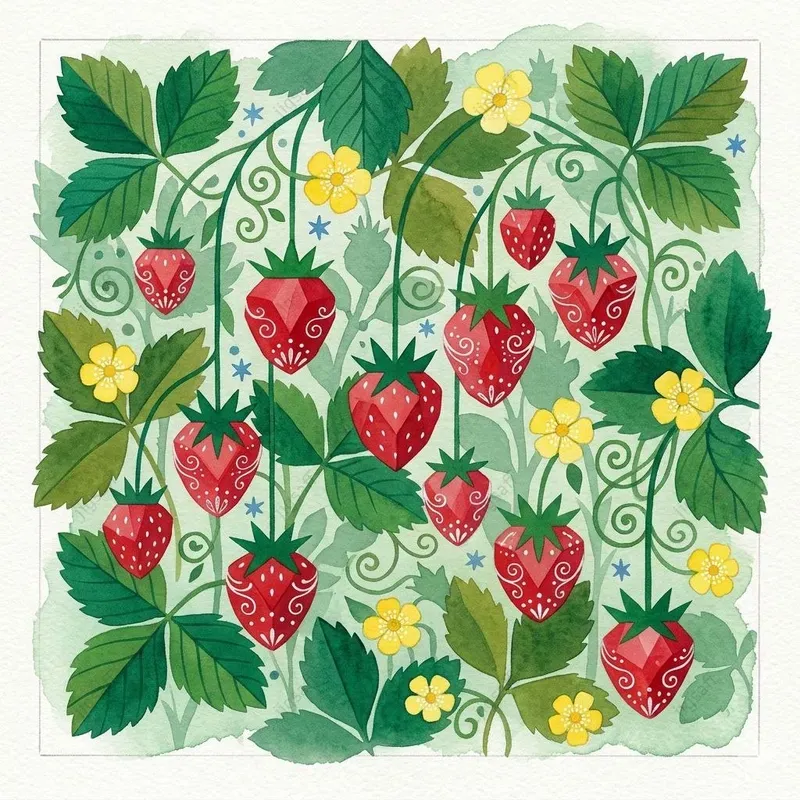 Dense Botanical Strawberry Gouaches