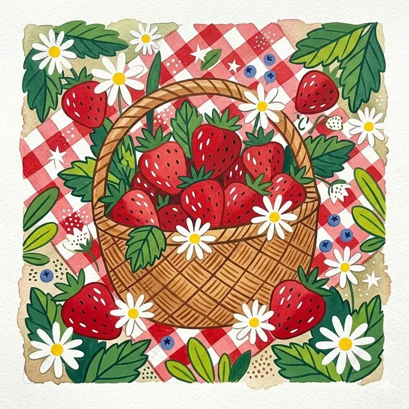 Dense Botanical Strawberry Gouaches