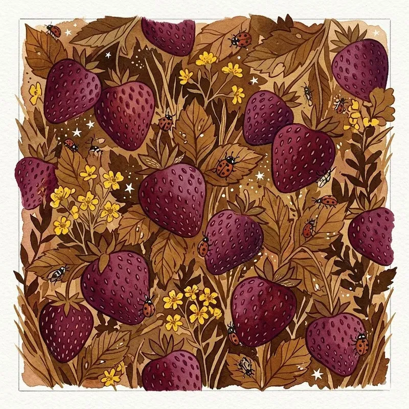 Dense Botanical Strawberry Gouaches