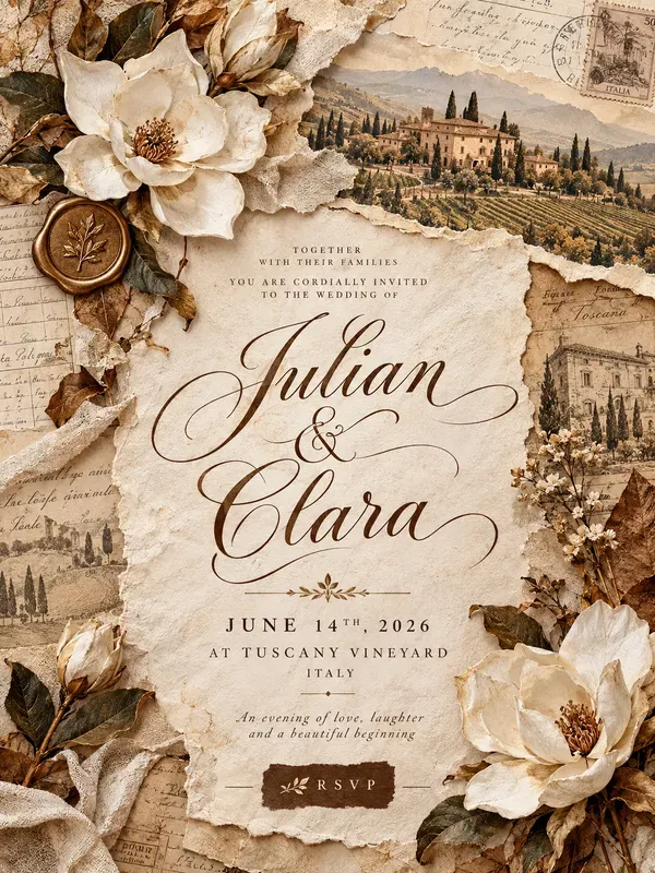Vintage Sepia Torn Paper Wedding Invites