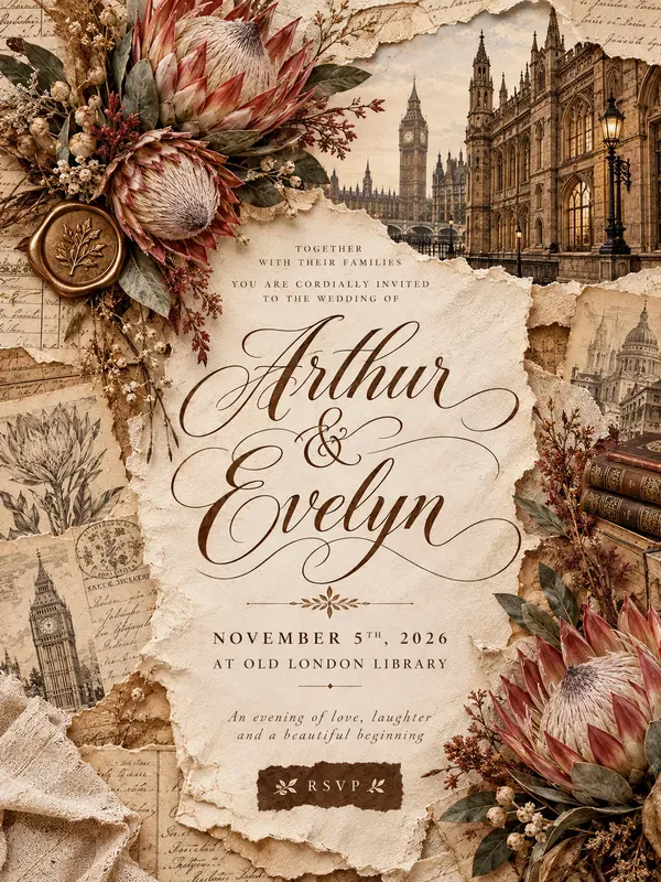 Vintage Sepia Torn Paper Wedding Invites