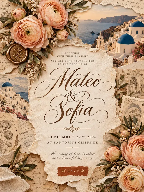 Vintage Sepia Torn Paper Wedding Invites