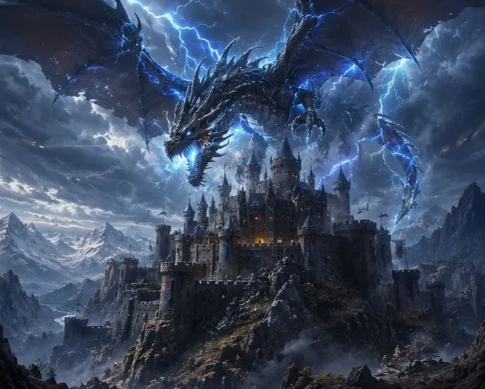 Mythical Dragons Above Ancient Castles