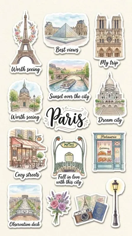 Cute Watercolor Travel Sticker Sheets