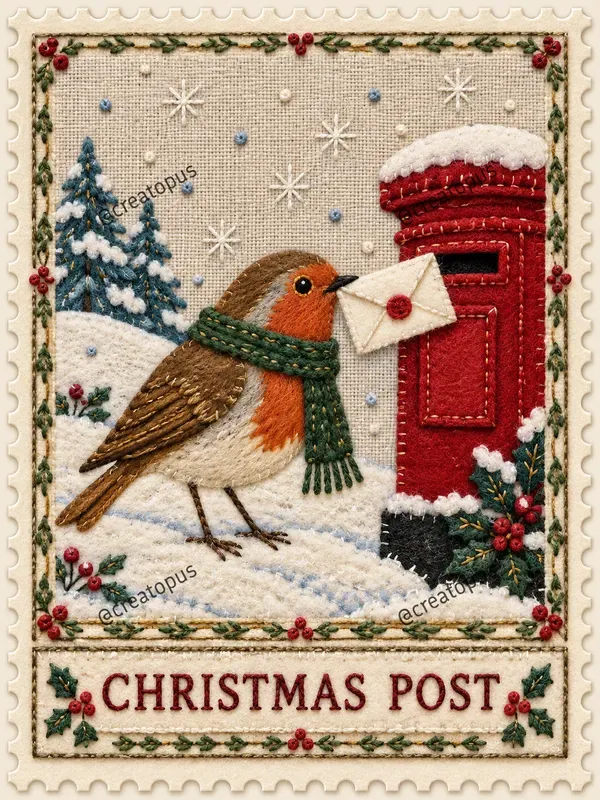 Embroidered Christmas Postage Stamps