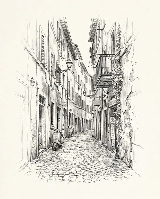 Vintage European Street Pencil Sketches