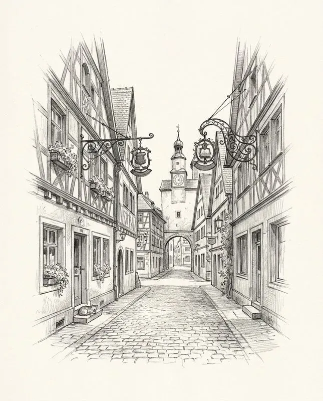 Vintage European Street Pencil Sketches