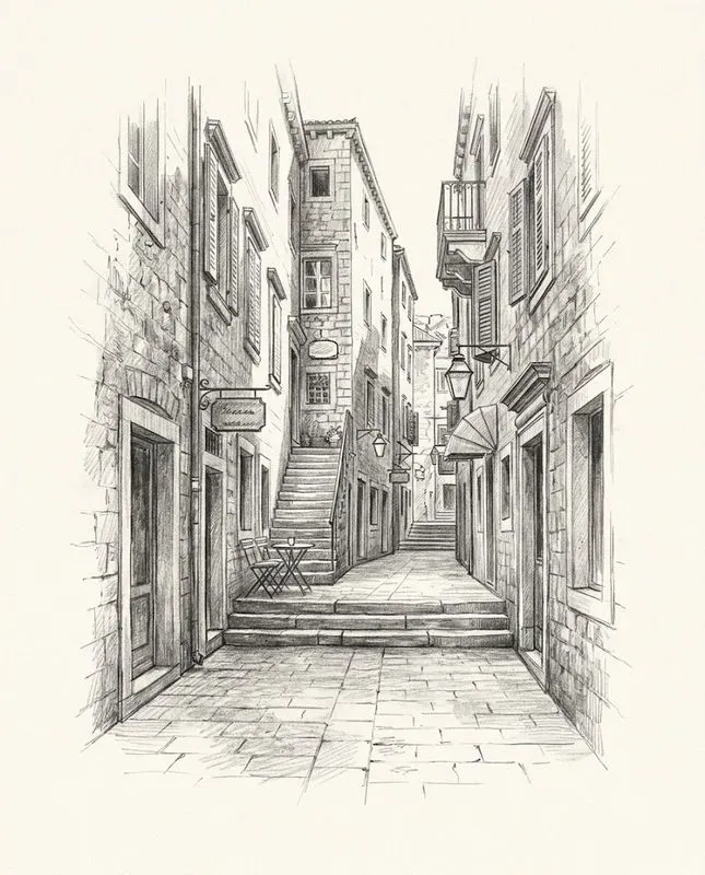 Vintage European Street Pencil Sketches