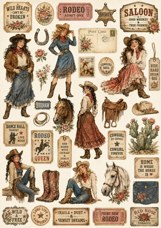 Western Cowgirl Character Ephemera Sheets