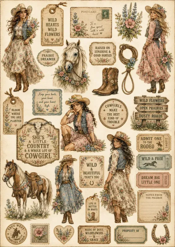Western Cowgirl Character Ephemera Sheets