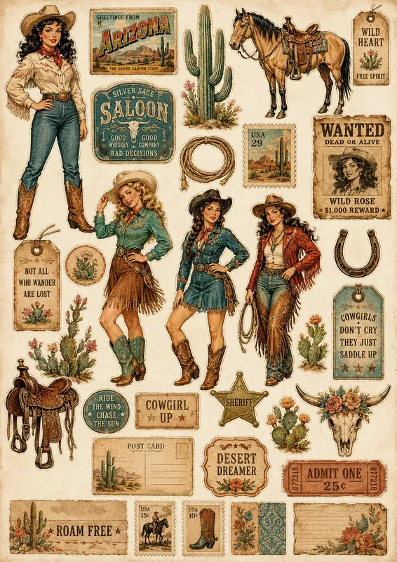 Western Cowgirl Character Ephemera Sheets