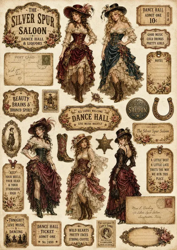 Western Cowgirl Character Ephemera Sheets