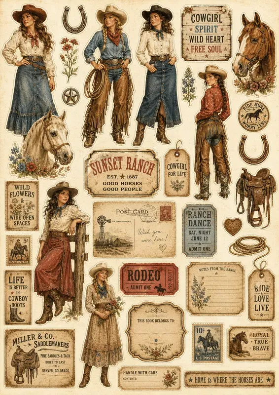 Western Cowgirl Character Ephemera Sheets