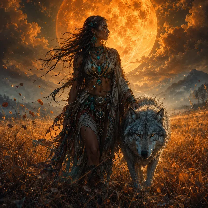 Moon Spirit Bond Fantasy Tribal Wolves A
