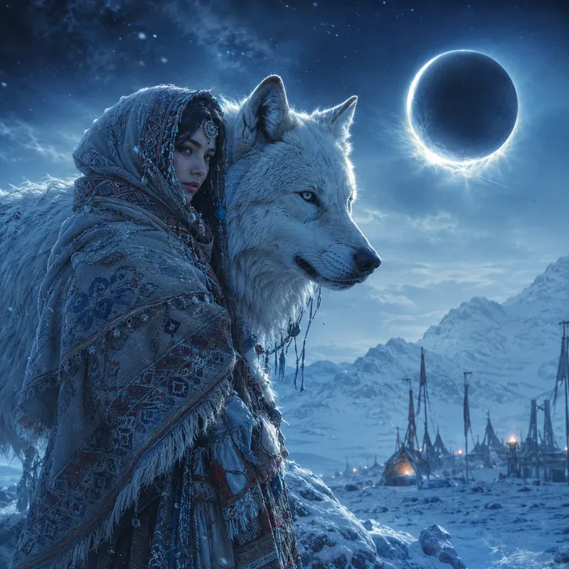 Moon Spirit Bond Fantasy Tribal Wolves A