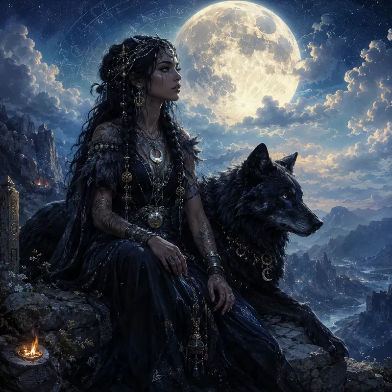 Moon Spirit Bond Fantasy Tribal Wolves A