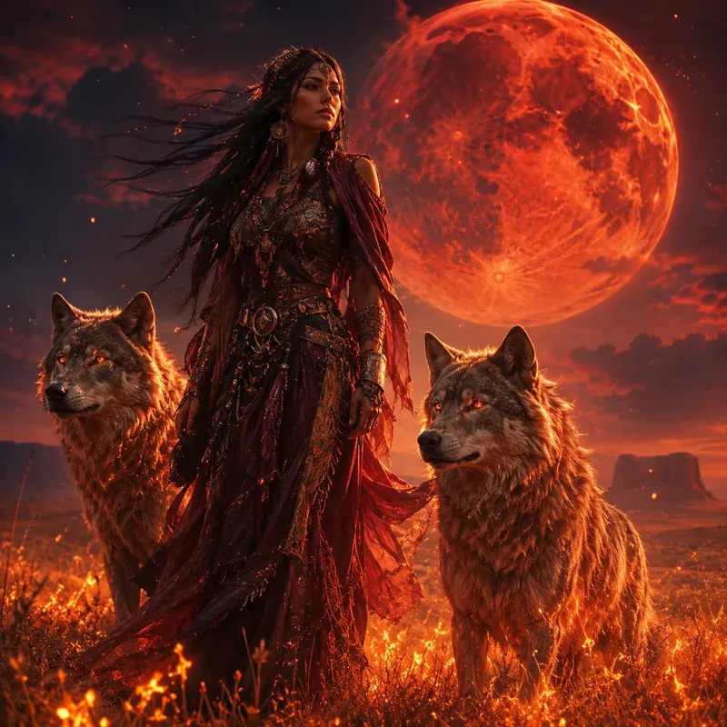 Moon Spirit Bond Fantasy Tribal Wolves A