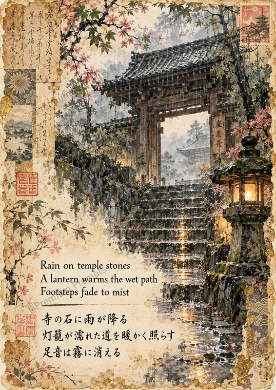 Japanese Haiga Poetry Junk Journal Pages