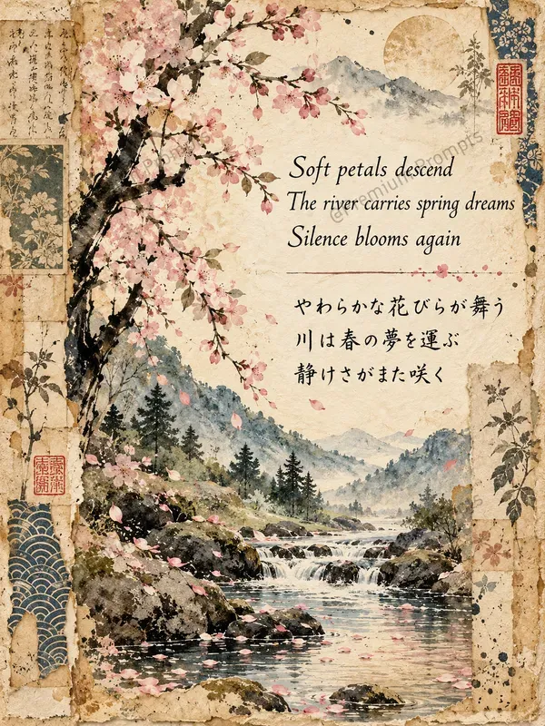 Japanese Haiga Poetry Junk Journal Pages