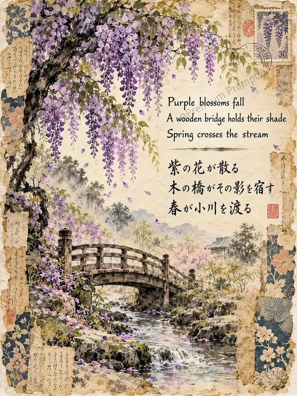 Japanese Haiga Poetry Junk Journal Pages