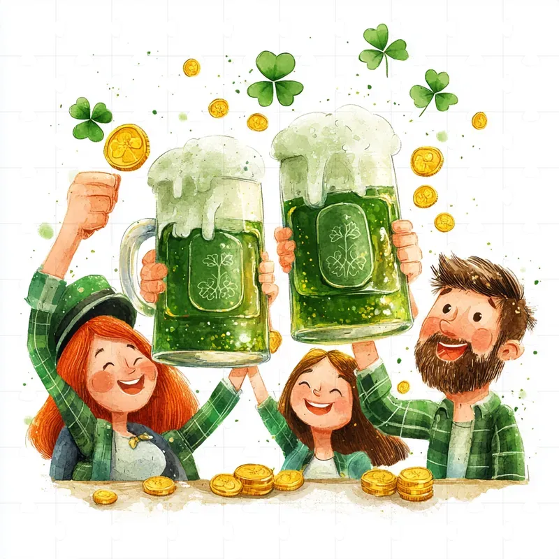 Cartoon Characters Gold Coins Clovers