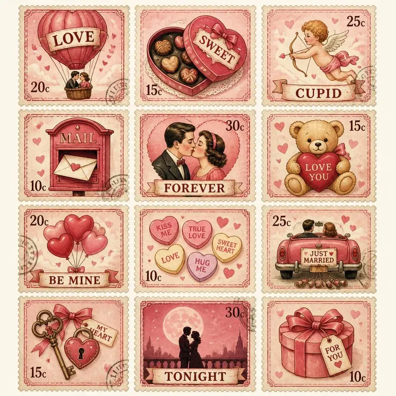 Retro Vintage Love Stamps Ephemera 80s