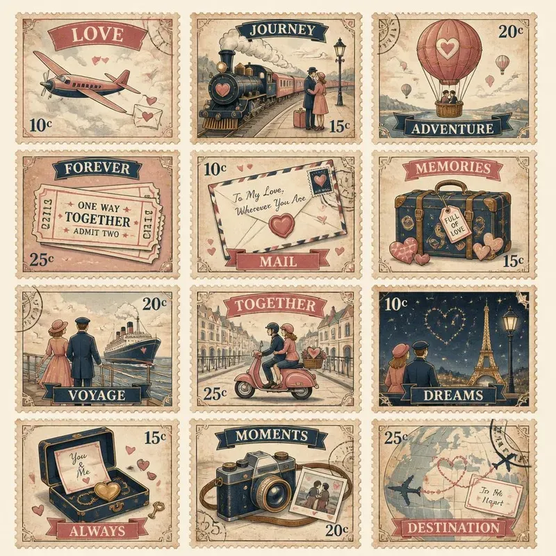 Retro Vintage Love Stamps Ephemera 80s