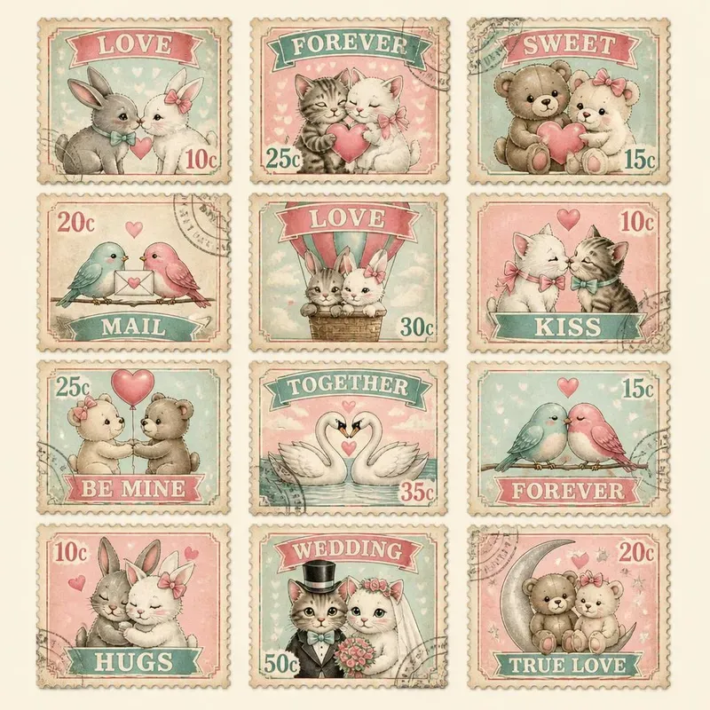 Retro Vintage Love Stamps Ephemera 80s