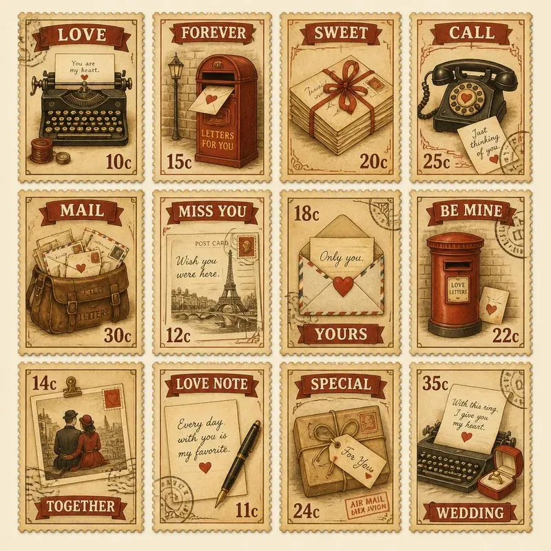 Retro Vintage Love Stamps Ephemera 80s