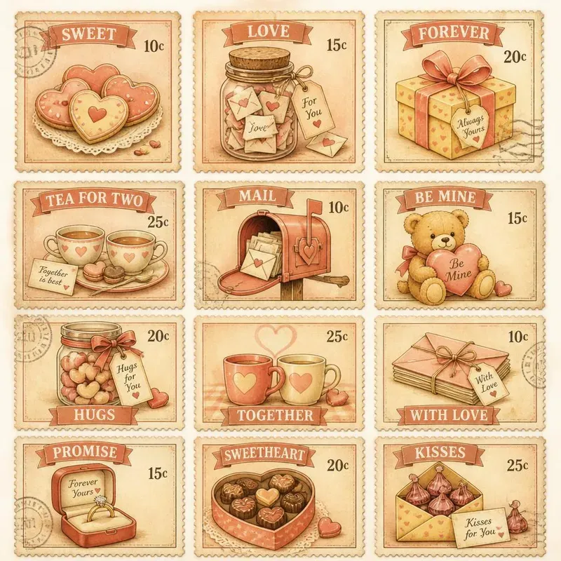 Retro Vintage Love Stamps Ephemera 80s