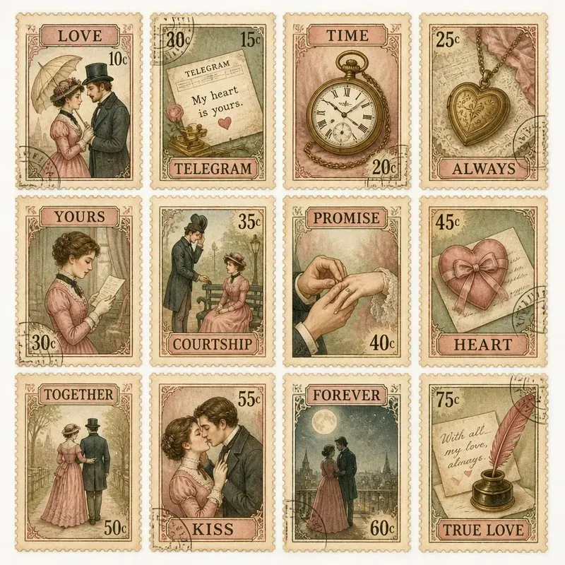 Retro Vintage Love Stamps Ephemera 80s