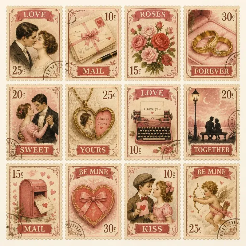 Retro Vintage Love Stamps Ephemera 80s