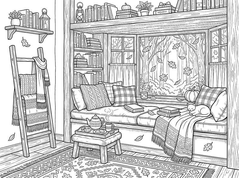 Cozy Autumn Reading Nook Coloring Pages