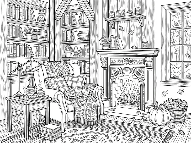 Cozy Autumn Reading Nook Coloring Pages