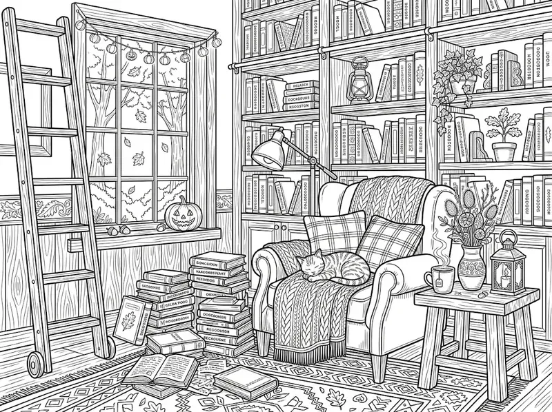 Cozy Autumn Reading Nook Coloring Pages